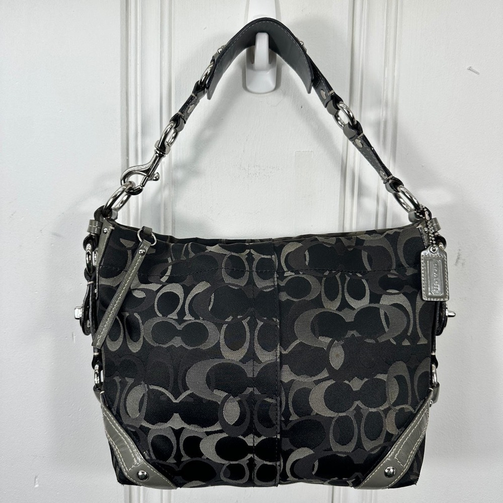 Vintage Y2K Coach Carly Signature Hobo Bag 10245 Black Gray Jacquard 2006